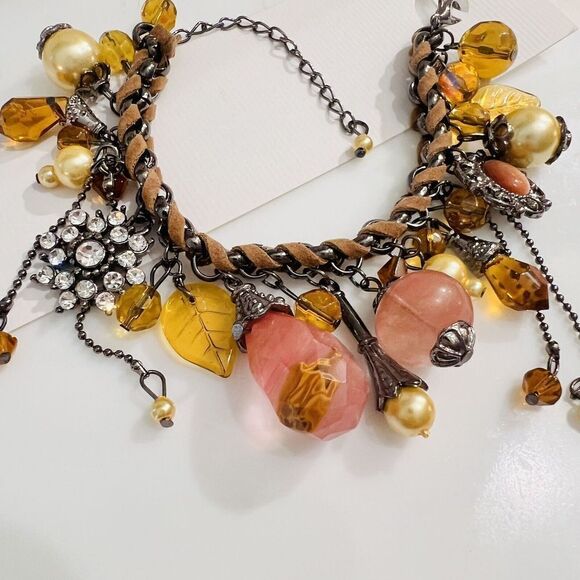 Art Glass Dangle Charm Bracelet Faux Pearl Leather Rhinestone Dangle Pink Brown - Picture 4 of 7
